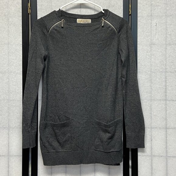 Michael Kors Zipped Crew Neck Long Sleeve Patch Pocket Tunic Sweater Grey S - Picture 1 of 11